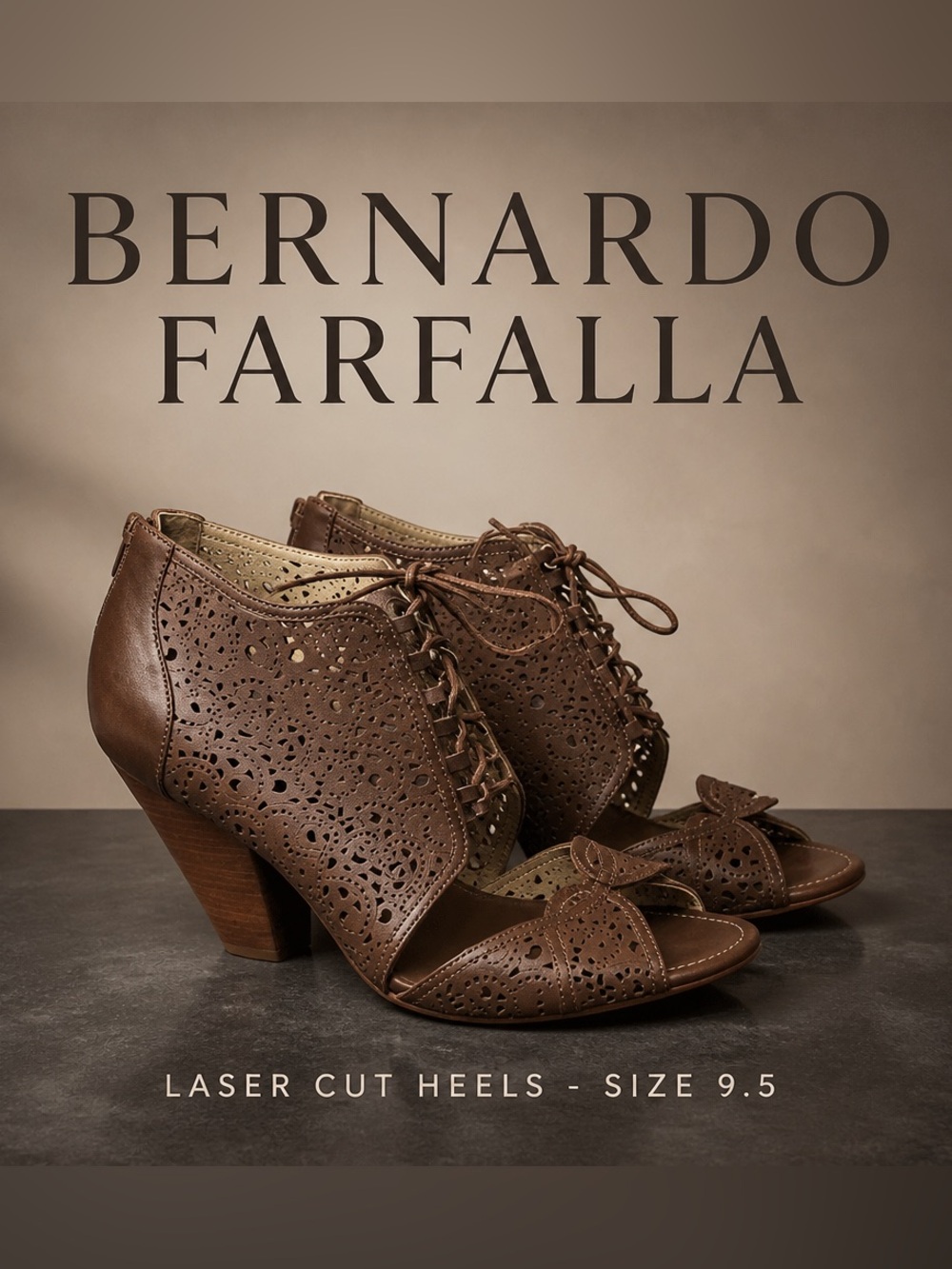 Bernardo Farfalla brown laser cut floral pattern peep toe block heels sz 9.5